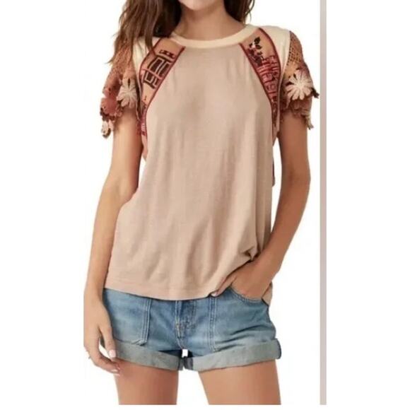 Free People Tops - Free People As If Crochet Floral Short Sleeve Embroidered Lightweight Blouse L